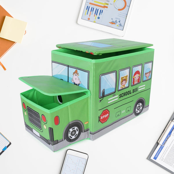 Foldable bus-shaped toy storage box with lid for kids' toys and books