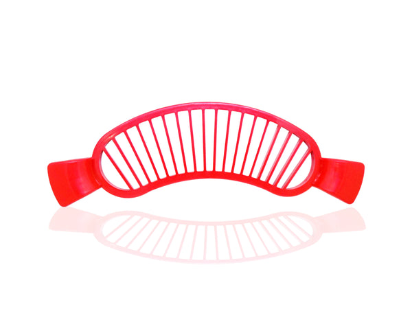 Plastic banana slicer with handle for easy slicing.