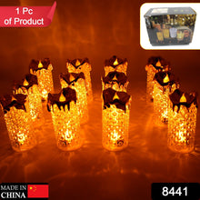 Set of gold flameless LED candles with a warm glow, ideal for home decor and special occasions.